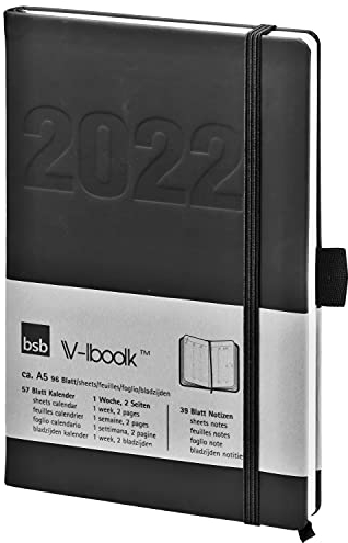 bsb Terminkalender Wochenplaner Taschenkalender Buchkalender, 2025, A5, schwarz - weiches Kunstleder - mit Gummiband, 1 Woche = 2 Seiten, bsb V-Book, 02-0146