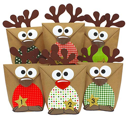 Papierdrachen DIY Adventskalender 2025 zum Befüllen - Rentiere mit roten Bäuchen zum selber Basteln - 24 Tüten zum individuellen Gestalten und zum selber Füllen - Weihnachten für Kinder