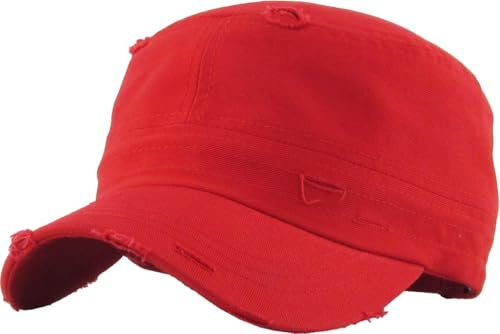 Vintage Distressed Cadet Army Cap Basic Everyday Military Style Hat, Red Vintage Distressed, One size
