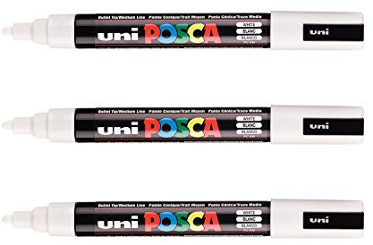 POSCA - Mitsubishi Pencil - 3 Marqueurs Blancs PC-5M - Pointe Conique Pointe Moyenne - Marqueur Peinture à Base d'Eau - Tout Support - Pour Papier, Textile, Verre, Galet, Bois