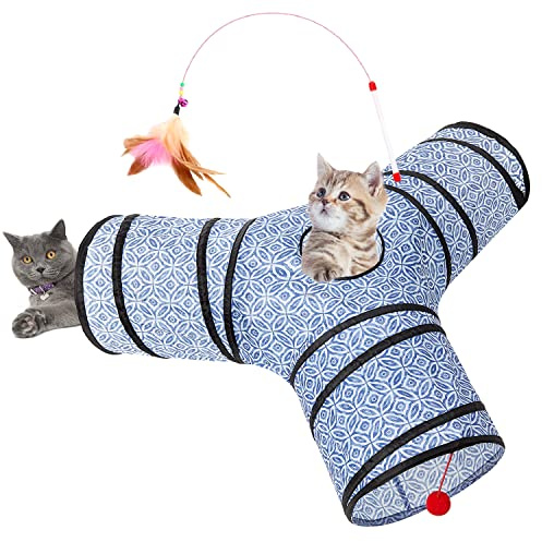 Tempcore 3 Way Collapsible Cat Tunnel for Indoor Cats, Pet Tunnel Bored Toys with Peek Hole & Ball for Puppy, Kitty, Kitten, Rabbit