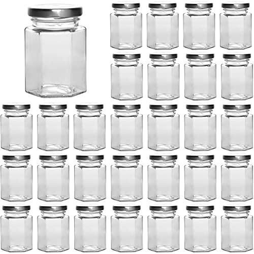 Accguan 4oz Hexagon Mason Jars, 30 Pcs 4 oz Glass Jars with Silver Lids