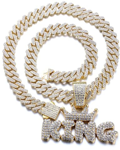 HALUKAKAH 18K Real Gold Plated Pendant Necklace Set for Men - Over 1000 Diamonds - Cuban Link Chain - Clustered Diamonds Crown King Letter Pendant - Hip Hop Style - Complete with Giftbox