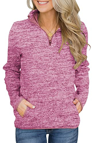Magritta Womens Jumper Ladies Long Sleeve Sweatshirts Plus Size V Neck Pullover Tops 1/4 Zipper Plain Winter Tunic Tops for Leggings Rose X-Large