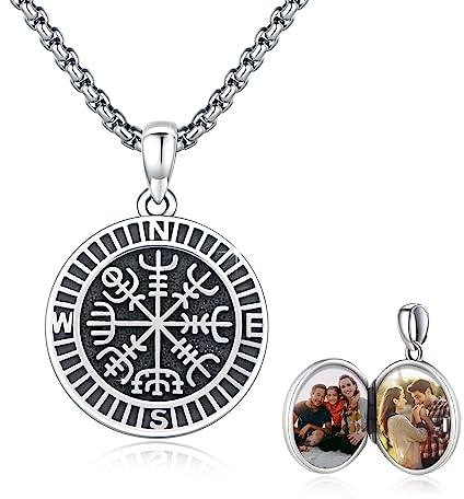 Kompass Medaillon Halskette 925 Sterling Silber Wikinger Kette Medaillon Anhänger Foto Medaillon Amulett Medallion mit Foto Kompass Schmuck für Herren Jungen Damen Geschenke 20+2'' Edelstahlkette