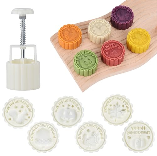 SANMENMO Thanksgiving Cookie Press Mold Set – 6 Interchangeable Stamps, ABS Plastic Mooncake Mould for DIY Autumn Cookies, Pumpkin Pie, Fall Baking, Easy Release Biscuit Cutter