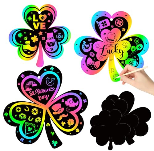 CY2SIDE 60PCS St. Patrick’s Day Shamrock Rainbow Color Scratch Bookmark for Kid DIY Shamrock Rainbow Color Scratch Craft Kit Shamrock Magic Scratch Paper Art Decoration St. Patrick Party Favor
