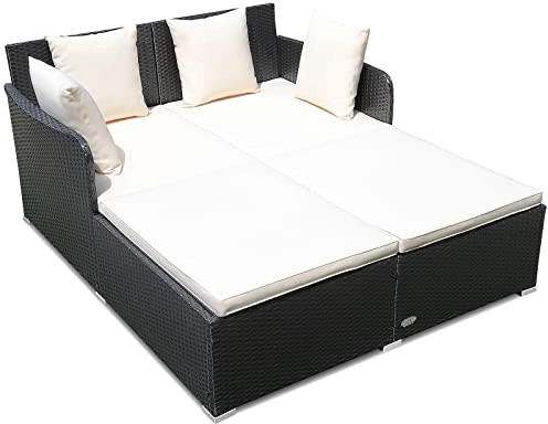COSTWAY Outdoor Rattan Daybed, Patio Sofa Bed Sun Lounger Couch with Upholstered Cushions, Wicker Weave Loveseat Conversation Furniture Set for Garden Yard and Poolside (White)
