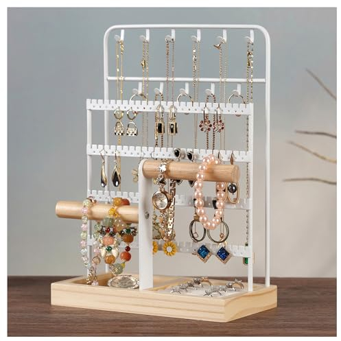 NUODWELL Présentoir à bijoux, support de boucles d'oreilles, collier et boucles d'oreilles, arbre de rangement avec plateau de boucles d'oreilles et trous pour bagues, bracelets, montres (blanc)