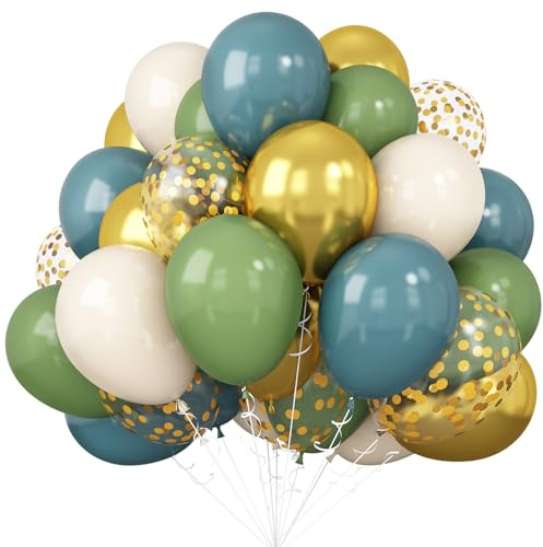 Gröna blå ballonger salvia beige guld ballong djungel skog festdekorationer safari vild en dino födelsedag dammig blå grön vit ballong 60 st 30 cm helium latexballonger guldkonfetti