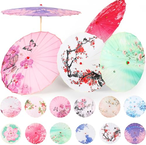 Shinylin 12 Pcs Chinese Oiled Paper Umbrella for Weddings 32 Inch Bamboo Silk Chinese Japanese Parasol Flower Art Dance Umbrella for Bridal Showers Favor Photography Costumes(Stylish,Pink Blue)