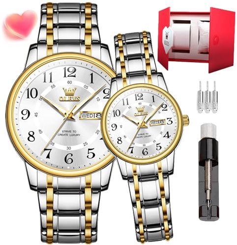 OLEVS Reloj de pulsera de cuarzo para pareja, acero inoxidable, romántico, para hombre y mujer, con fecha, calendario, resistente al agua, casual