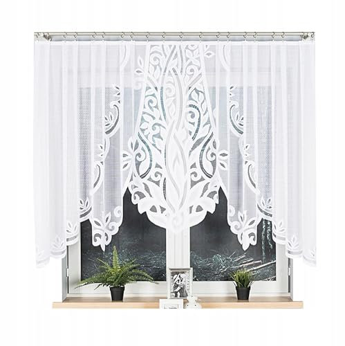 Gardinen Vorhangen Weiß 300x140 cm (BxH) Pola Kurz Jacquard Gardinen mit Kräuselband Scheibengardine Wohnzimmer Vorhänge Florales Motiv Küchengardinen Stores Gardinenschals Kurzstores