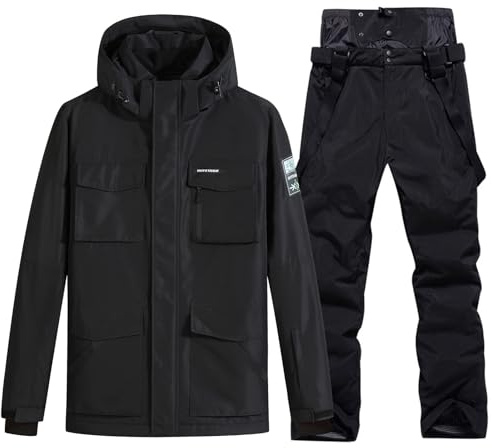 HOUZONIY Traje de esquí para hombre, traje de nieve, transpirable, cortavientos, pantalones de nieve, chaqueta de nieve con capucha desmontable para esquiar, snowboard, traje de esquí, Negro y negro