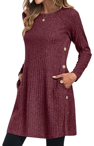 GRECERELLE Womens Winter Jumper Dresses for Women UK Ladies Dresses Tunic Knitted Long Sleeve with Pockets Side Buttons Dress (Wine Red, L)