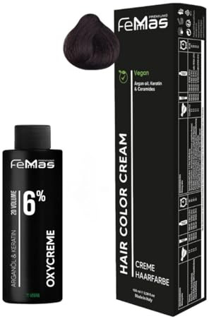 Femmas Haarfarbe Set Dunkelbraun Rot 3.6 I Hair Color Cream 100ml + Oxycreme 100ml 6% I Permanente Haar-Coloration + Entwickler I Schonend & langanhaltend I Salon-Haarfarbe für Zuhause