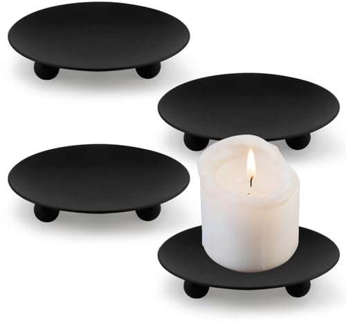 Portacandele 4 Pezzi in Piatto di Ferro Nero Portacandela in Metallo Piedistallo Ccandelabro LED e Coni di Incenso, Design Vintage Elegante, Ideale per Decorazioni Casa, Matrimoni, Spa, Feste, 7cm