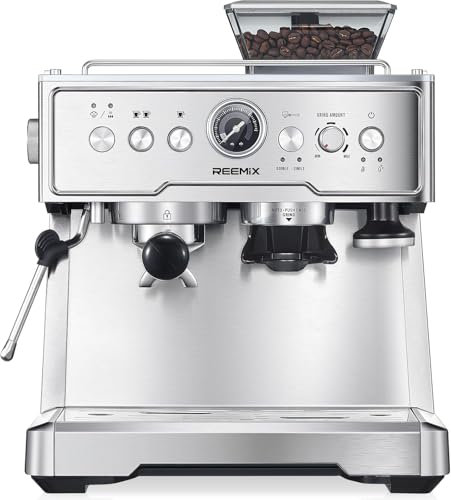 Reemix Siebträgermaschine, 20 Bar Espressomaschine/Kaffeemaschine mit integriertem Mahlwerk und Milchaufschäumer, 1350 W, 2,8 l Tank, Edelstahl/silber. Barista-Kit