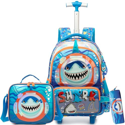 HTgroce School Trolley Girl Elementary Backpack School Trolley Boys Girls Food Bags Pencil Case, B-Blue Shark, 42 x 30 x 20 cm