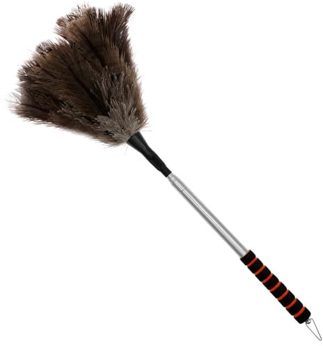 Plumero de avestruz con mango telescópico de acero inoxidable, 55 – 201 cm, plumero con plumas de avestruz, estable, antideslizante, para limpiar esquinas muertas, paredes, ventiladores de techo