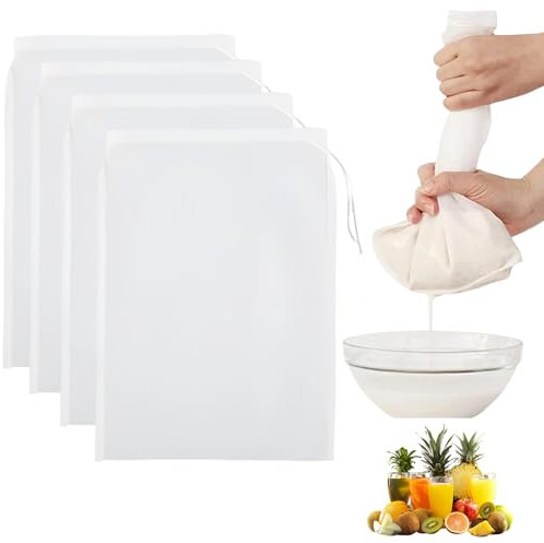 Diffaxy 4 sacchetti per latte di noci, 30 × 20 cm, in nylon, a maglia fine, filtro a maglia fine, con coulisse, sacchetto filtro per formaggi fatti in casa, succo di frutta e succo di verdura