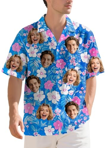 Custom Face Hawaiian Shirt for Men – Funny Personalized Tropical Beach Shirt, Summer Casual Short Sleeve, Unique Gift for Him (UK, Alpha, L, Regular, Regular, Floral-8)
