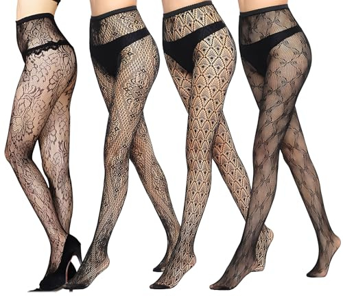 Rbleote 4 Paires Collant Fantaisie Femme,Bas Résille,Pantalon Stretch Noir Collant Femme Fantaisie,Convient Pour Le Quotidien,Les Fêtes Et Les Bals Masqués