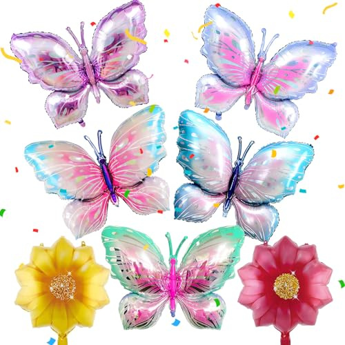 Set di 7 Farfalle Decorative con 5 Palloncini Farfalla e 2 Palloncini Fiori