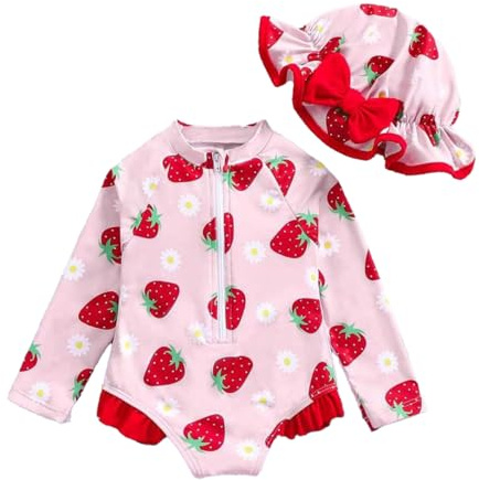 JENJON Traje de Baño a Rayas para Bebé Niña con Volantes Mangas Lindo Floral Traje de Baño de Una Pieza con Cremallera Protección UV y Gorro de Playa Verano