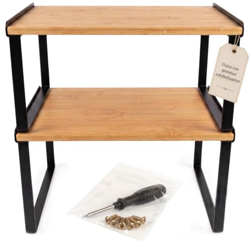 VyaNova Estanteria Almacenaje Cocina, Set 2 Estantes Bambú y Metal (Negro) | Organizador Encimera | Estante Especias | Antideslizante | Fácil Limpieza | Apilable | Modular | Baño | Escritorio