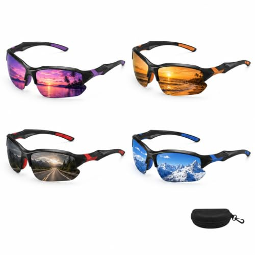 Snugcore 4 Pack Polarised Sports Sunglasses for Men Women, UV400 Anti-Glare Wrap Around Cycling Glasses Lightweight Running Fishing Golf Eyewear Set with Case