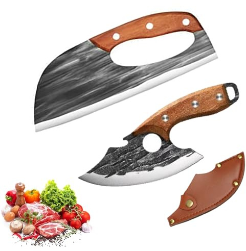 Genérico Juego De Cuchillo Y Hacha De Chef Forjados A Mano De Primera Calidad. Hacha De Cocina Con Filo En V De Larga Duración Para Un Corte Sin Esfuerzo (1set)