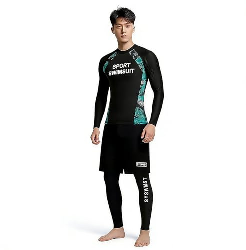 Rashguard - Traje de baño para hombre, 3 piezas, camiseta de baño de manga larga, moderna, informal, pantalón largo con pantalones cortos, juego de baño de manga larga, ropa de baño, playa, gimnasio