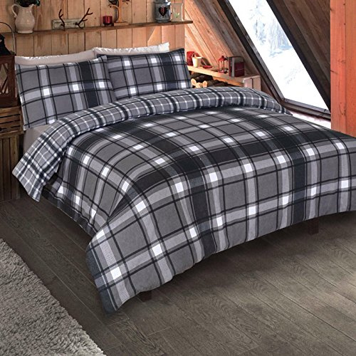 Dreamscene 100% Brushed Cotton King Size Duvet Cover Set, Super Soft Warm Aspen Check Bedding Reversible Tartan Flannelette Thermal King Size Quilt Cover Set with Pillowcases, Grey