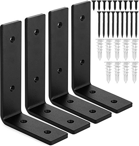 Claimed Corner Premium Heavy-Duty Shelf Brackets - Quarter Inch (1/4') Thick - Rustic Industrial Modern Farmhouse Black Iron Finish Shelf Holder Hanger Bracket w/ Hardware, 4-PK - Multiple (6' x 4')
