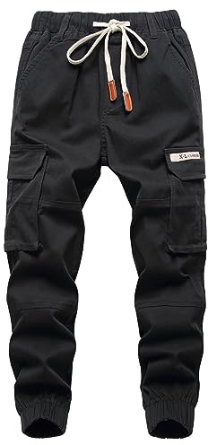 YoungSoul Pantaloni Cargo Jogger Bambino, Pantaloni con Elastico in Vita, Pantaloni con Tasche Laterali Ragazzo Nero 164-170/Taglia 170