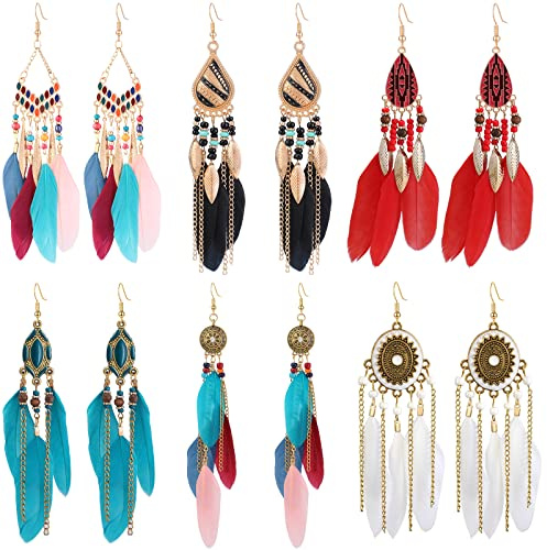 Vspek 6 paires de boucles d'oreilles Boho Feather, ensemble de boucles d'oreilles Bohemian Fausse plume, Saint-Valentin Cadeau d'anniversaire de la fête des mères