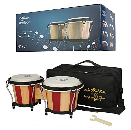 Glory Bongo Drums 6” and 7” Wood Percussion Instrument Bongos with bag and tuning Key,Double Color