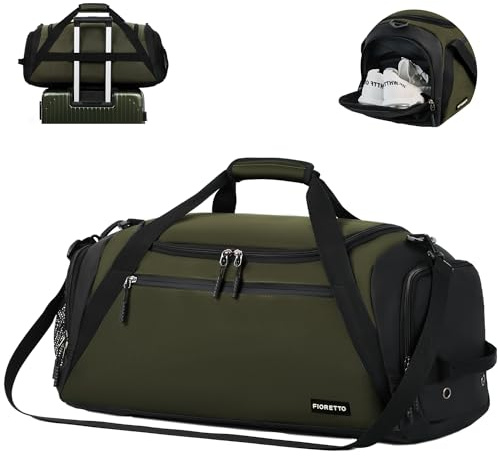 FIORETTO 45L Mens Sports Gym Bag with Wet Pocket & Shoe Compartment, Travel Duffle Bag Overnight Bag with Padded Shoulder Strap, Water-Resistant Holdall for Swimming, Basketball, Football Army Green
