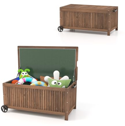 HOMASIS 213L Coffre de Rangement en Bois de Sapin, Banc de Jardin avec Roulettes & Doublure Amovible Imperméable,Boîte de Stockage, Charge 50KG pour Terrasse Balcon, 114x51x58.5 cm