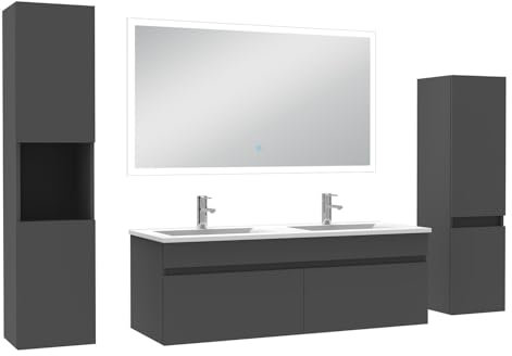 AICA Ensemble Meuble Salle de Bain 120cm Double Vasque avec Colonne + Miroir Lumineux dimmable Anthracite