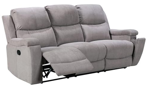 Lovesofas Light Grey Chenille 3-Seater Recliner Sofa | 3 Positions & 160° Manual Recline | Retractable Cup Holders | Soft Fabric & Pillow-Topped Arms | Durable, Elegant Upholstery |