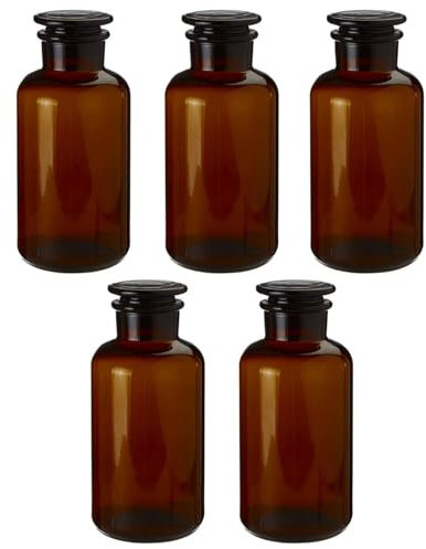 UNIQUE HOME LIVING Apothecary Jar Set of 5 Reagent Bottles, 125ml Amber Glass Storage Jars with Lid, Reusable Vintage Refillable Container for Herbs, Spices, Oils, Bath Salts, Lotion, Perfume