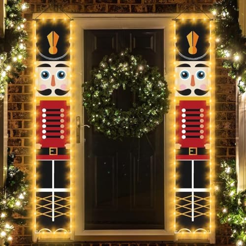 Auniq Stendardi natalizi per esterni, motivo soldatino Schiaccianoci Striscione con luce, decorazioni LED per esterni, per veranda casa giardino cortile cancello, feste per bambini, 1 paio 32 x 180 cm