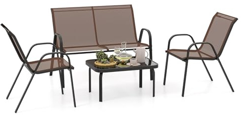 COSTWAY 4-delat set med trädgårdsmöbler, balkongmöbler, utemöbler, sittgrupp, sittset för 4 personer, trädgårdssats inkl. 2 stolar, bänk och bord, för balkong, terrass, trädgård (brun)