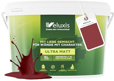 Veluxis Wandfarbe Rot Braun Bordeaux Matt Innenfarbe – Deckkraft Klasse 1, VOC-frei, Ohne Grundierung, Tropfarm – Wohnzimmer & Schlafzimmer – 5L (Perky Pomegranate)