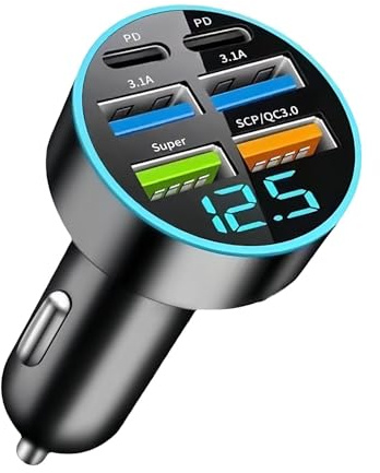 Caricabatteria da auto USB 66 W Accendisigari 66 W con voltmetro LED – 6 porte (Tpye-C PD 30 W + USB-A QC) – Caricabatterie rapido per i-Phone Sam-Sung – Adattatore presa accendisigari