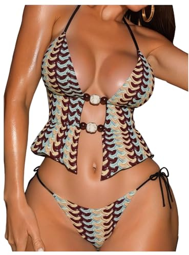 SOLY HUX Women's Halter Bikini Set Brazilian Swimsuits Cheeky String Thong Two Piece Bathing Suit Multicolor Large