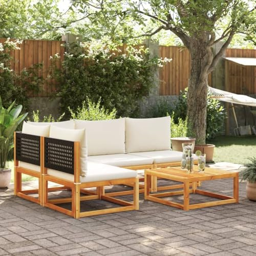 QJBSAVVA Ensemble de 5 canapés de jardin en acacia et rotin 65 x 65 x 65 cm, ensemble de meubles de jardin avec table, groupe de sièges modulaires, petit salon d'extérieur pour balcon, terrasse
