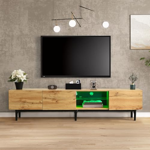Jaxenor 175cm TV Cabinet with 3 Doors, TV Stand Cabinet with Adjustable LED Lighting, Modern Entertainment Unit for Living Room, Media Console, Supports TVs Up to 75 Inches, Wood